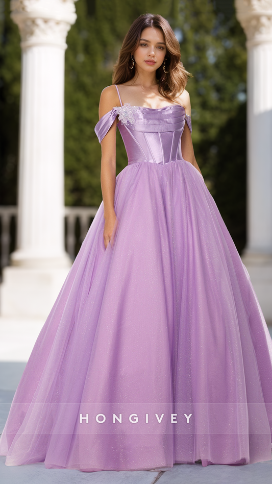 Lilac Corset Tulle Off-Shoulder A-Line Princess Quinceanera Evening Prom Dress Ball Gown