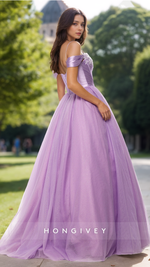 Lilac Corset Tulle Off-Shoulder A-Line Princess Quinceanera Evening Prom Dress Ball Gown