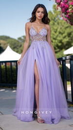 Classy Spring Spaghetti Straps Applique Tulle Long Evening Prom Dress Ball Gown