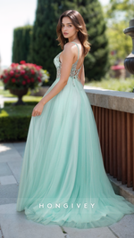 Classy Spring Spaghetti Straps Applique Tulle Long Evening Prom Dress Ball Gown