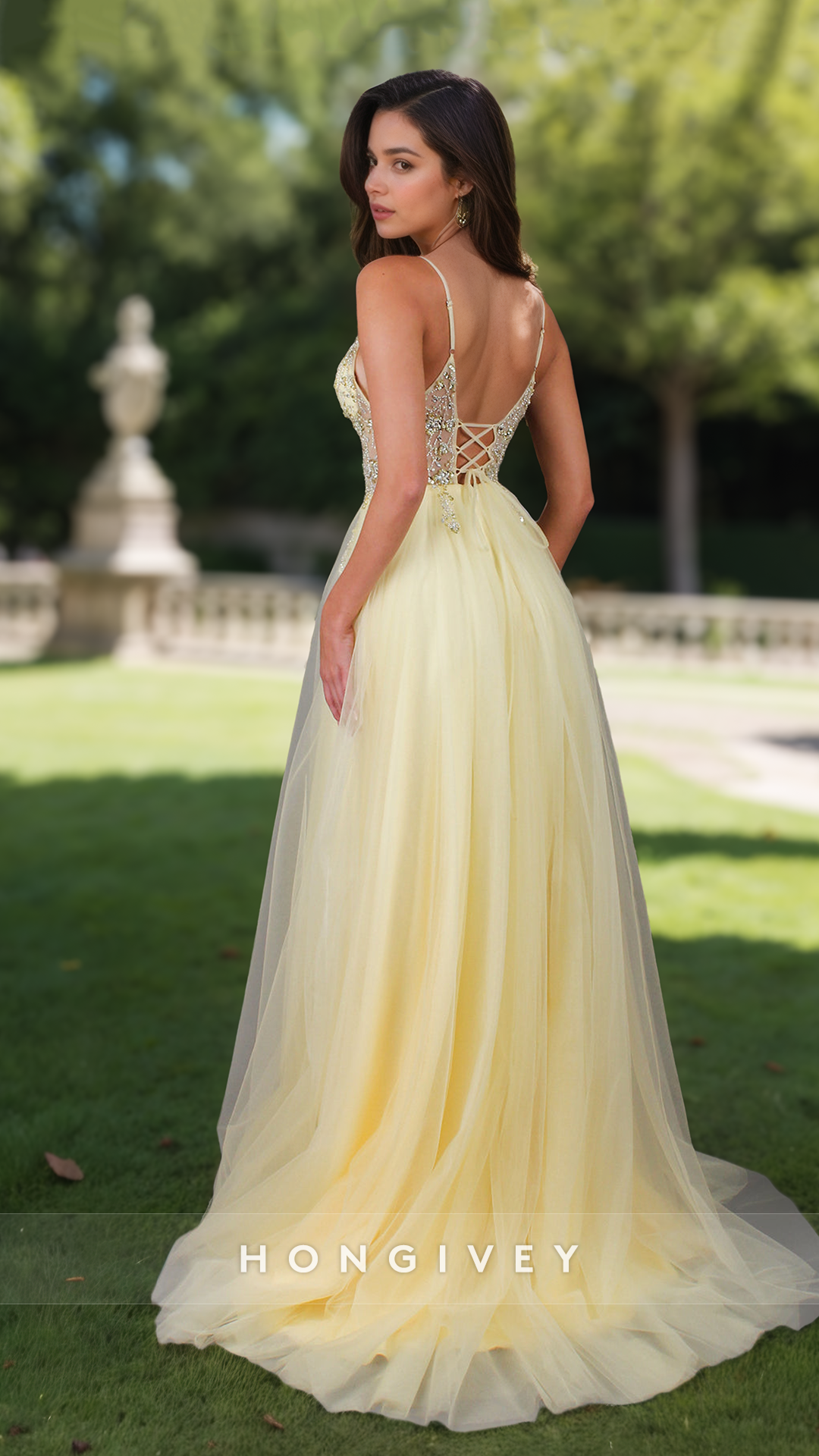 Classy Spring Spaghetti Straps Applique Tulle Long Evening Prom Dress Ball Gown