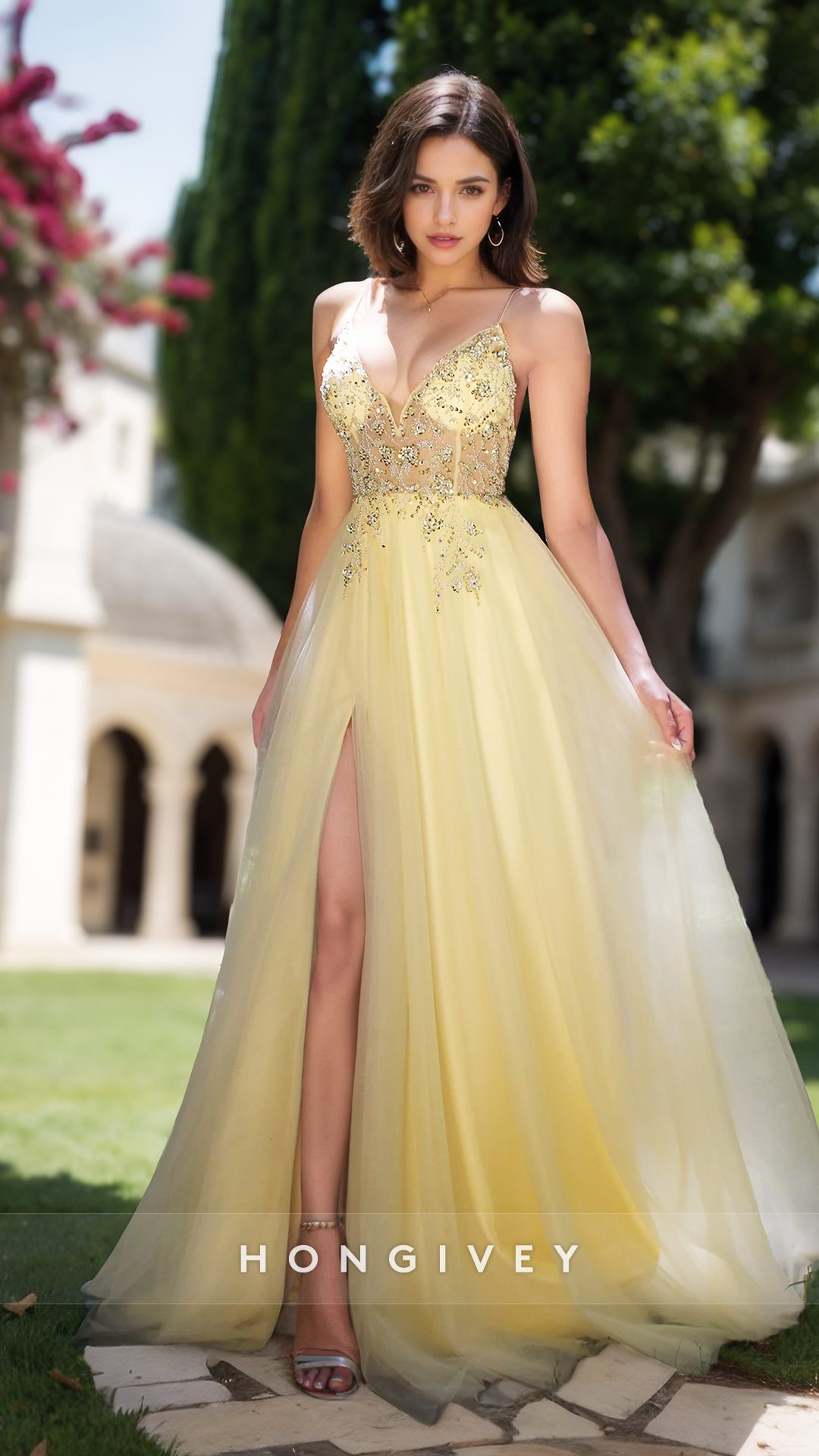 Classy Spring Spaghetti Straps Applique Tulle Long Evening Prom Dress Ball Gown