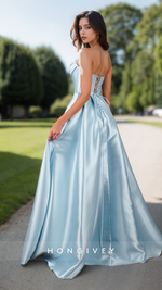 Solid Bateau Strapless Evening Prom Dress A-Line Satin Formal Party Ball Gown