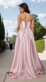 Solid Bateau Strapless Evening Prom Dress A-Line Satin Formal Party Ball Gown