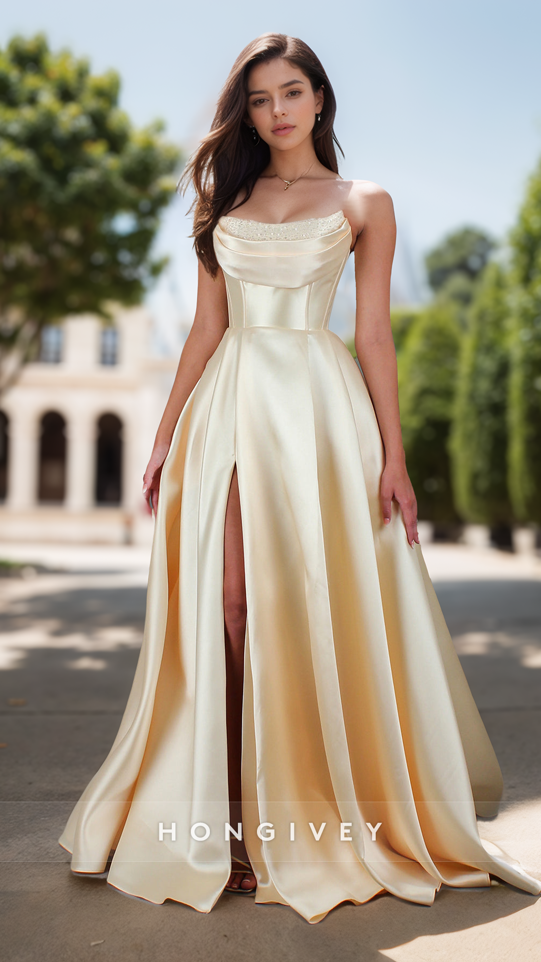 Solid Bateau Strapless Evening Prom Dress A-Line Satin Formal Party Ball Gown