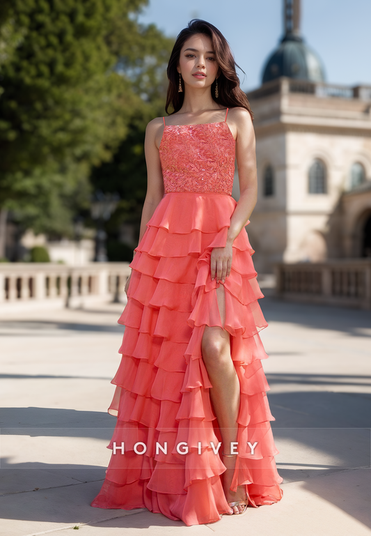 Straps Applique Ruffles Tulle Quinceanera Homecoming Party Evening Dress Ball Gown