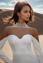 Beaded Crystal High Neck Long Sleeves Mermaid Wedding Dress Bride Gown