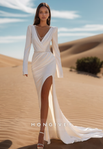 Sexy Beaded V Neck Backless Wedding Dress Long Sleeves with Slit Bride Gown