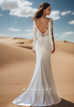 Sexy V Neck Open Back Wedding Dress Appliques Sleeves Mermaid Bride Gown