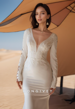 Sexy V Neck Open Back Wedding Dress Appliques Sleeves Mermaid Bride Gown