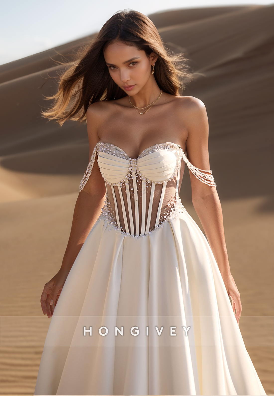 Sexy Pearls Corset Wedding Dress Straps A-Line Off-Shoulder Bride Gown