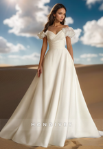 Chic Short Sleeves Tulle Wedding Dress Off Shoulder Ruched A-Line Bride Gown