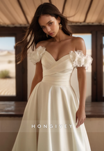 Chic Short Sleeves Tulle Wedding Dress Off Shoulder Ruched A-Line Bride Gown