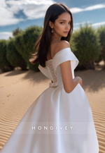 Elegant Off Shoulder Corset A- Line with Slit Satin Wedding Dress Bride Gown