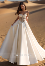 Sexy Pearls Corset Wedding Dress Straps A-Line Off-Shoulder Bride Gown