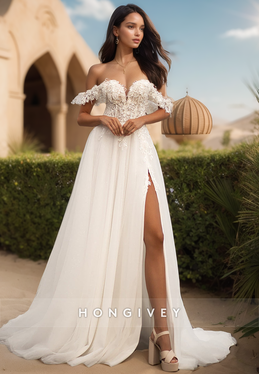 Lace Appliques Off-Shoulder A-Line Tulle with Slit Wedding Dress Bride Gown