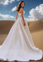 Simple Applique Strapless A-Line with Train Bridal Wedding Dress Bride Gown