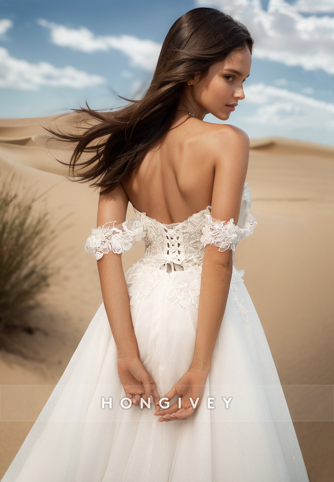 Lace Appliques Off-Shoulder A-Line Tulle with Slit Wedding Dress Bride Gown