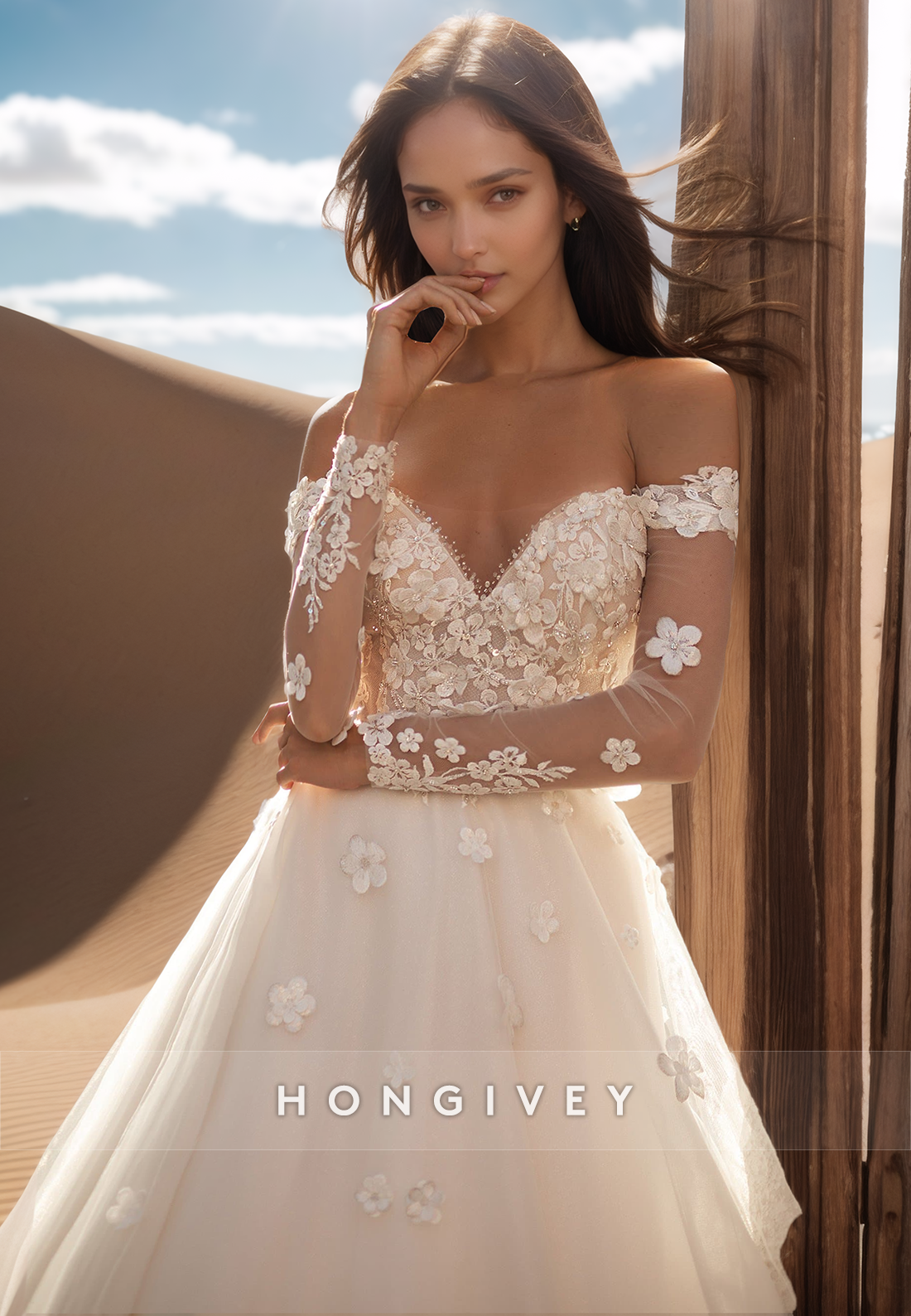 Chic Appliques Floral Wedding Dress Off-Shoulder Tulle A-Line Bride Gown