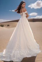 Chic Appliques Floral Wedding Dress Off-Shoulder Tulle A-Line Bride Gown