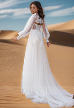 Two Piece Lace Appliques Long Sleeves Chiffon Wedding Dress Bride Gown