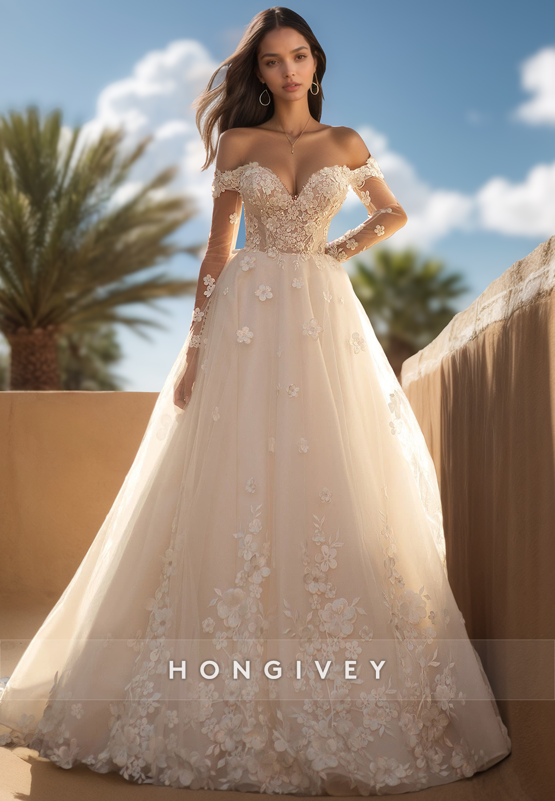 Chic Appliques Floral Wedding Dress Off-Shoulder Tulle A-Line Bride Gown