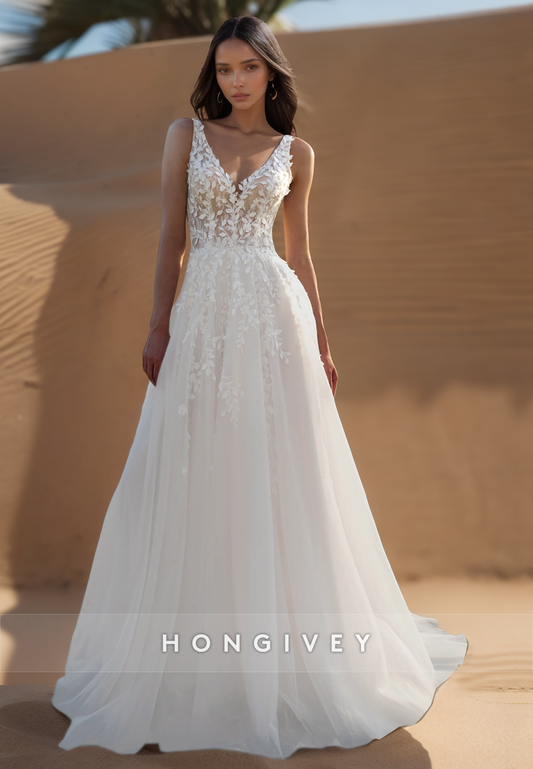 A-Line Lace appliques Straps Beach Wedding Dresses with Court Train