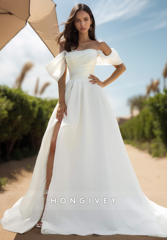 A-Line Off-Shoulder Beads bSweetheart Split Organza Wedding Dresses