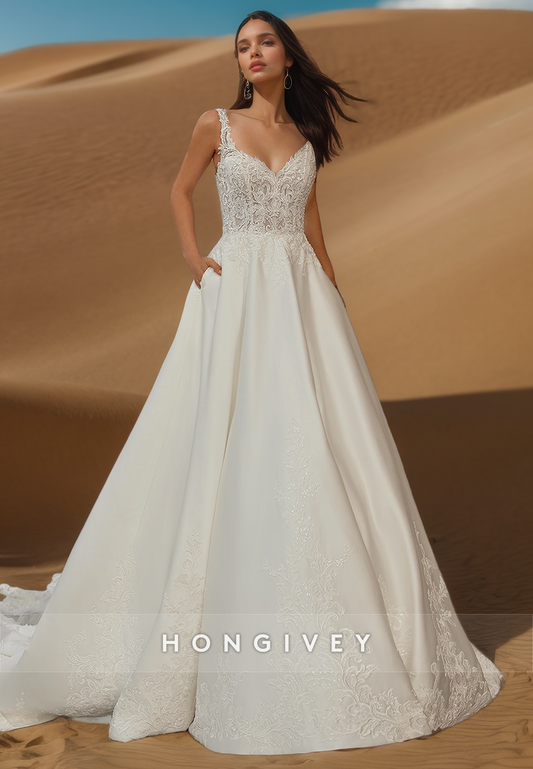 V-Neck Lace appliques Sexy and Sleek Wedding Dresses with  Pockets