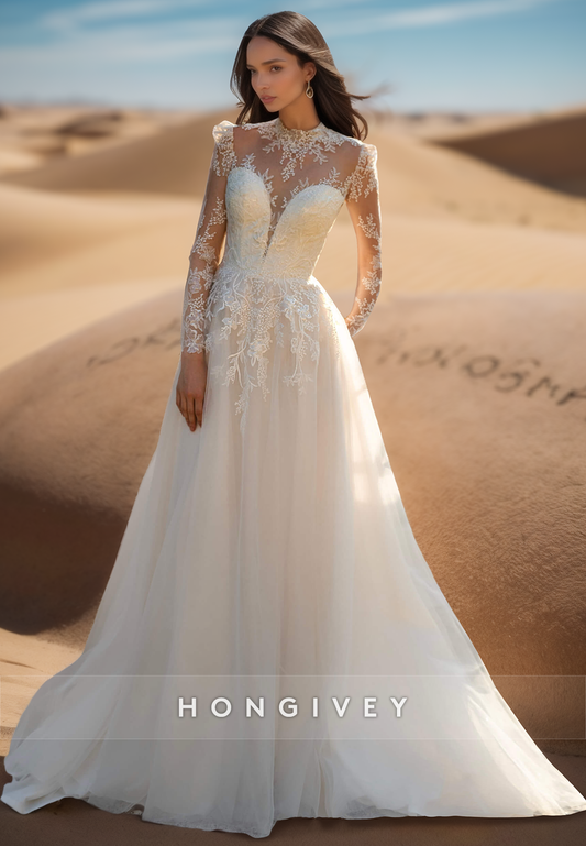 A-Line V-Neck Long Sleeves Lace appliques Beach Wedding Dresses