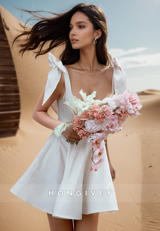 A-Line Bowknot Square Sleek Mini Beach Wedding Dresses