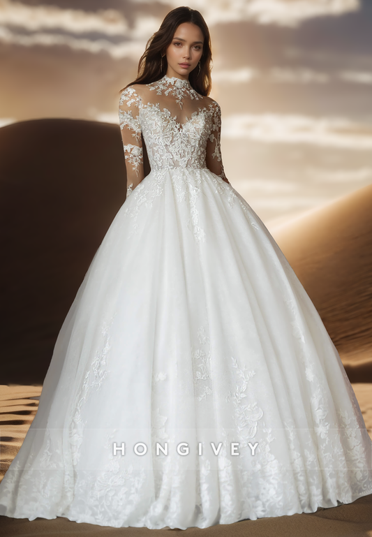 A-Line V-Neck Lace appliques Long Sleeves Beach Pleats Wedding Dresses