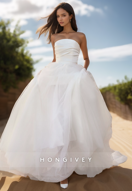 A Line Strapless Sleeveless Pleats Simple Cheap Wedding Dress with Sweep Train