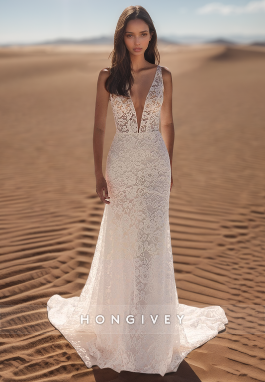 Deep V-Neck Floral Lace Beaded Fitted Sexy Wedding Dresses With Train