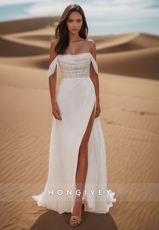 A-Line Sheer Pleats Simple Beach Wedding Dresses With Side Slit