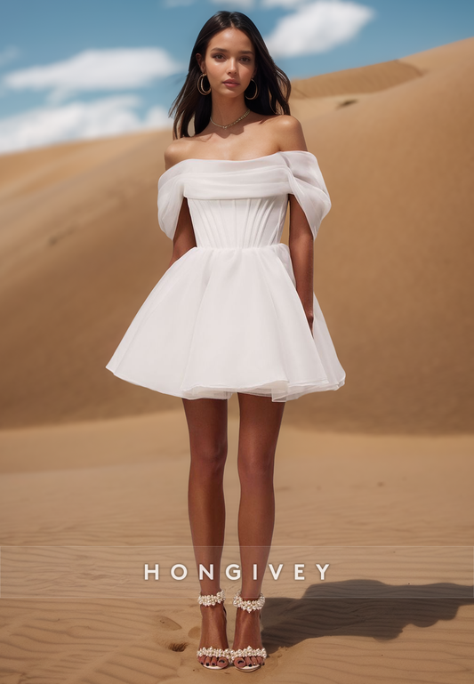 A-Line Off-Shoulder Organza Pleats Short Simple Beach Wedding Dresses