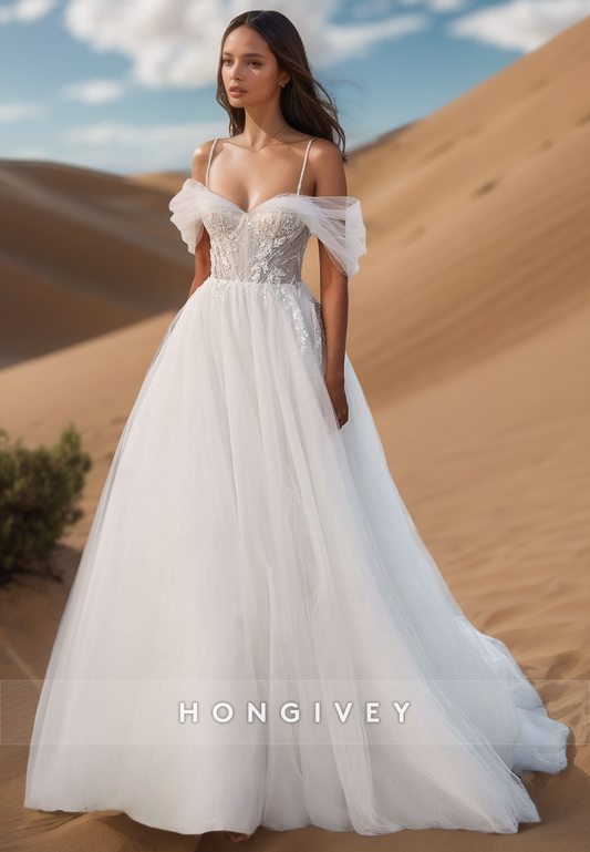 A-Line Plunging Illusion Strap Lace Appliques Ornate  Wedding Dresses with Train