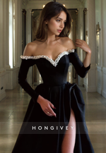 Elegant Satin A-Line Off-Shoulder Long Sleeve Beaded Long Prom Dress