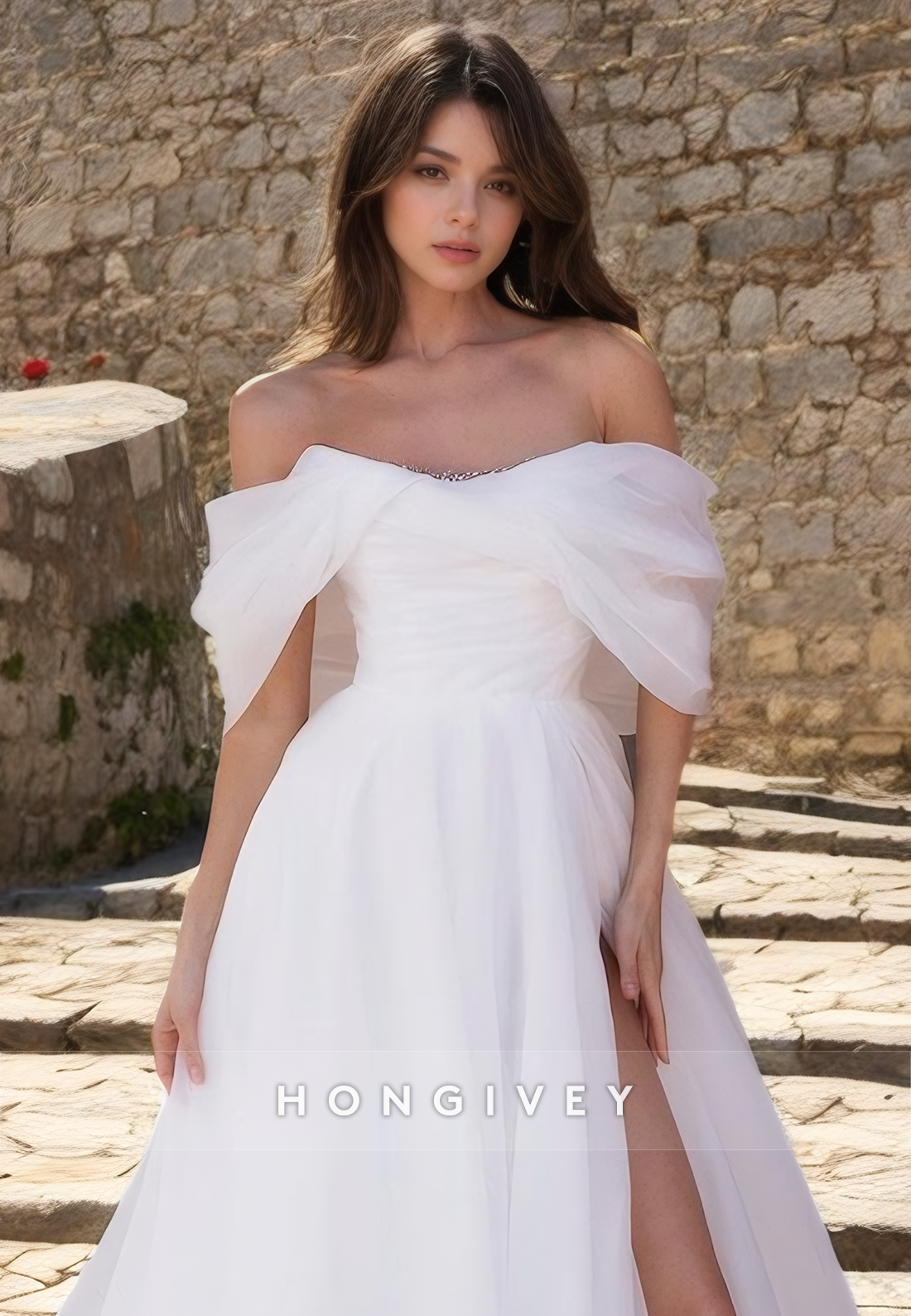 Chic Tulle A-line Off-Shoulder With Side Slit With Train Wedding Dress