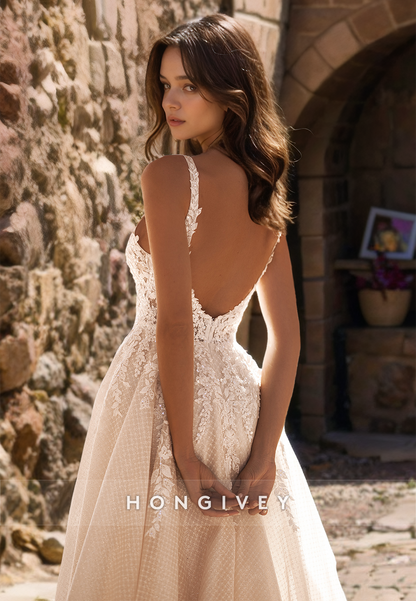 Sexy Plunging Illusion Backless Appliques With Side Slit Boho Wedding Dress