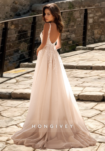 Sexy Plunging Illusion Backless Appliques With Side Slit Boho Wedding Dress