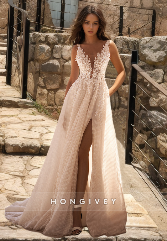 Sexy Plunging Illusion Backless Appliques With Side Slit Boho Wedding Dress