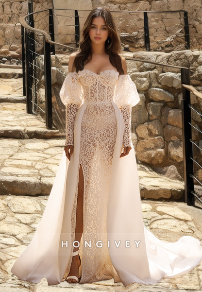 Sexy Lace Strapless Sweetheart Long Sleeve Illusion Cutout Wedding Dress