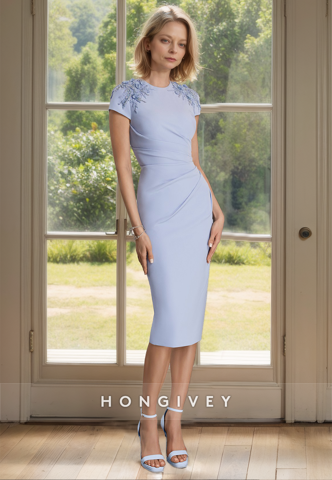 HONGIVEY Fitted Short Sleeves Midi Dresses Simple Mother of the Bride Dress