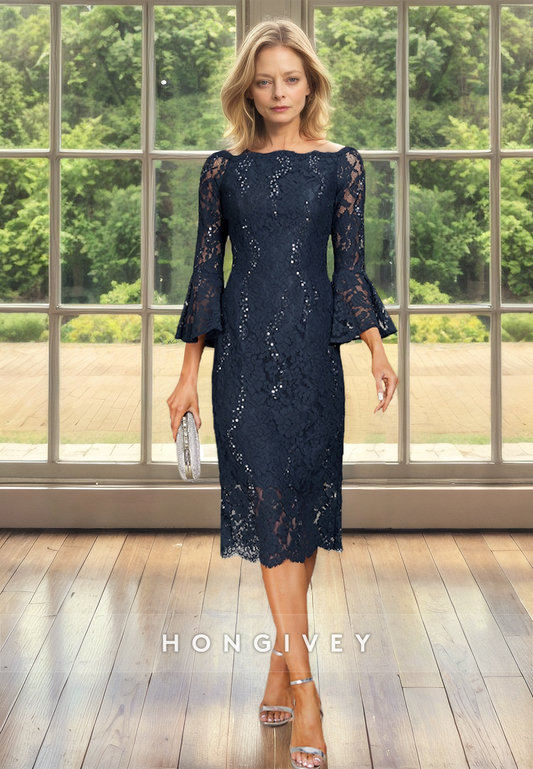 HONGIVEY Long Sleeves Lace Sheath Mother of the Bride/Groom Dress Black Wedding Guest Midi Dresses