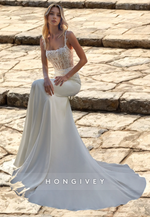 H0908 - Illusion Beaded Floral Lace Mermaid With Train Long Wedding Dress