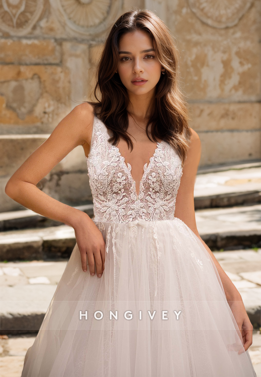 H0968 - Illusion Lace Applique V-Neck Open Back With Train Long Wedding Dress