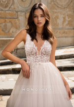 H0968 - Illusion Lace Applique V-Neck Open Back With Train Long Wedding Dress