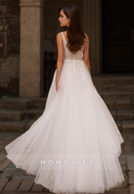 H0968 - Illusion Lace Applique V-Neck Open Back With Train Long Wedding Dress