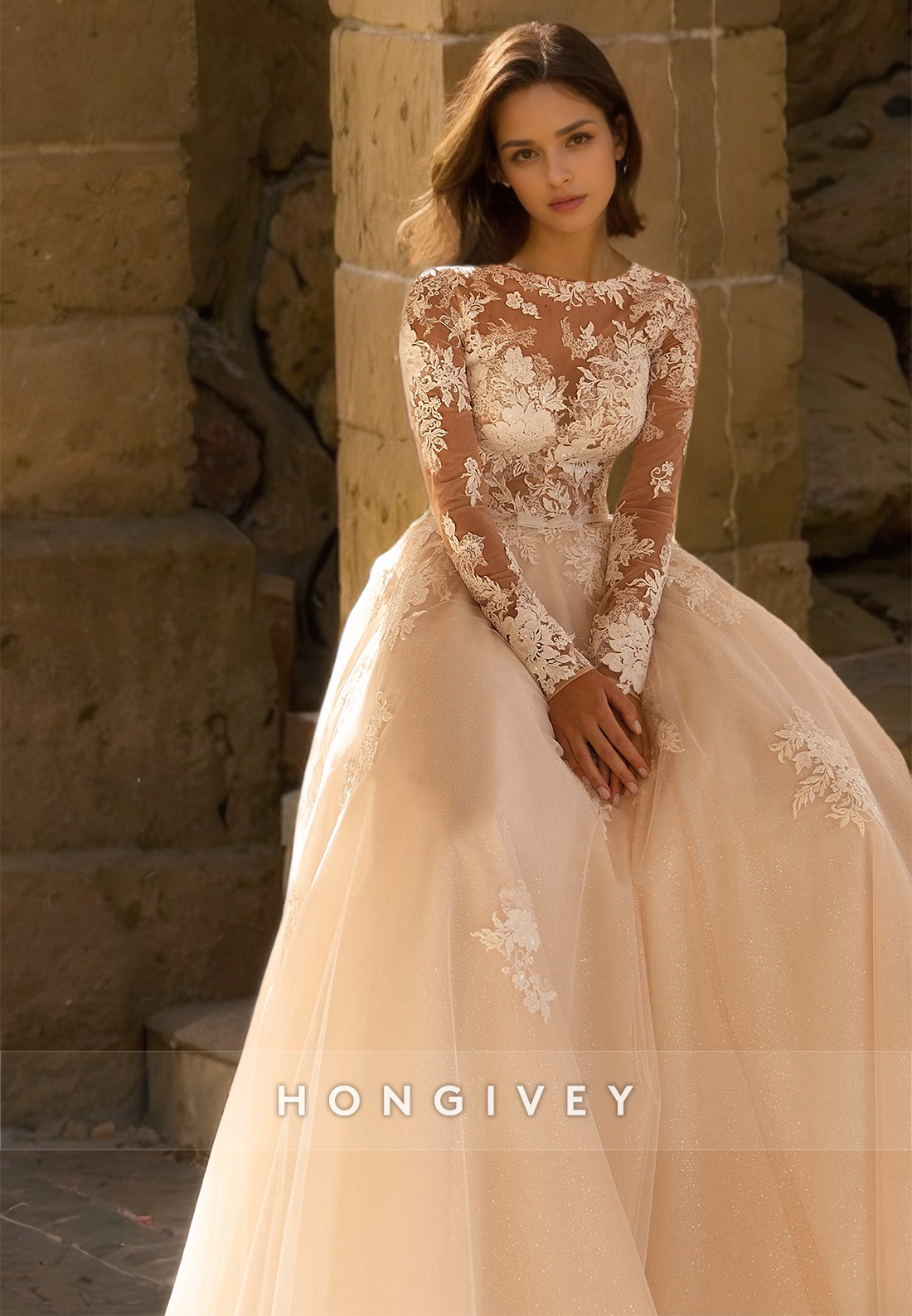 H0961 - Sparkly Illusion Floral Lace Embroidered Long Sleeves With Train Long Wedding Dress